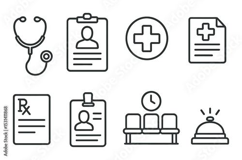Medical icon set: health silhouette icons. stethoscope, clipboard, prescription, waiting room vector icons.