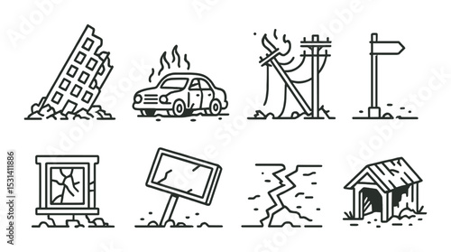 Earthquake disaster set. linear damage icons: building, car, powerline, sign, window vector icons