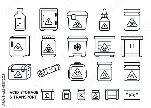 Acid storage and transport set. hazard, chemical, containment, linear symbols vector icons.