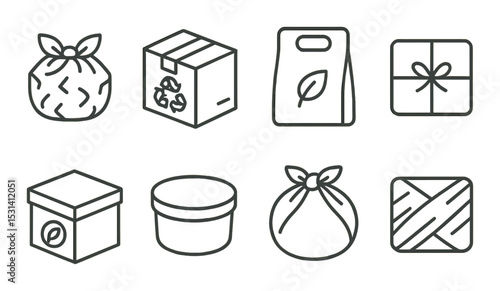 Eco-friendly packaging set. reusable, recyclable, gift, box, bag, container linear vector icons