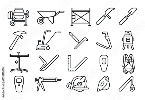Construction tool set. linear tools: mixer, wheelbarrow, saw, drill, caulk vector icons.