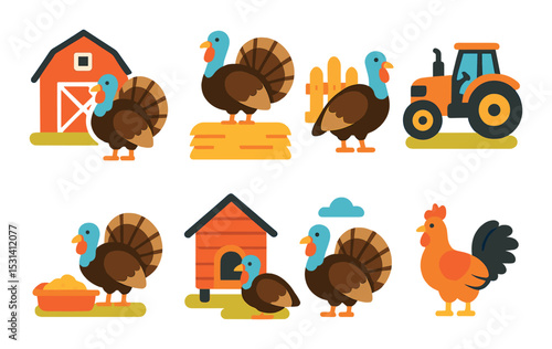 Farm animal set. flat turkey, barn, tractor, coop, rooster vector icons.