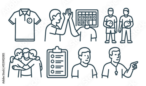 Bowling activity set. team event linear design. shirt, high-five, score, team, coach vector icons