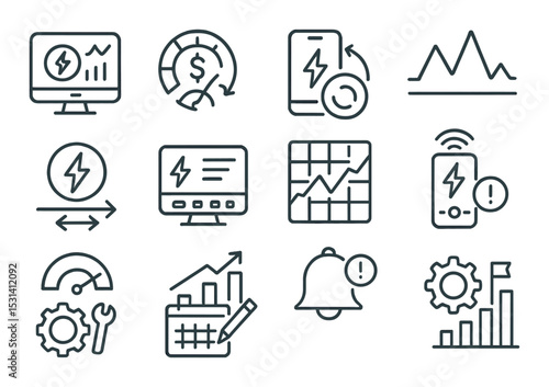 Sustainability metric set. linear environmental, performance, growth, alert vector icons