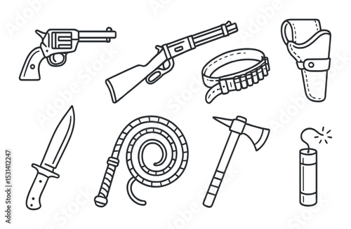 Wild west set. cowboy linear icons. revolver, rifle, holster, knife, whip vector icons.