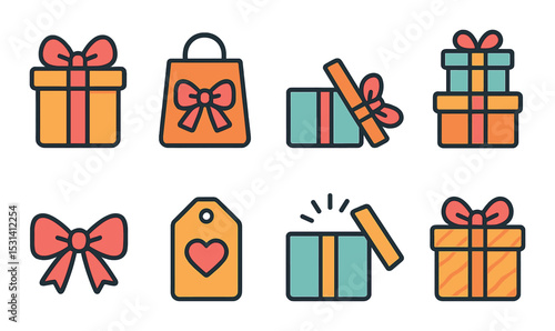 Gift box set. presents and shopping line icons. bow, bag, tag, heart, open, ribbon vector icons.