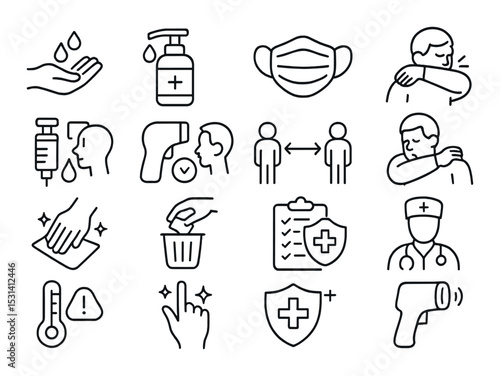Medical safety icon set. linear health precautions: mask, syringe, distance, thermometer vector icons.