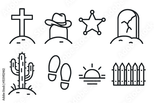Wild west icon set. cowboy, cactus, sheriff, cross, sunset, grave, fence vector icons.