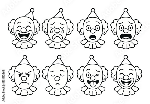 Clown face set: emotions and expressions in silhouette style, happy, sad, angry vector icons
