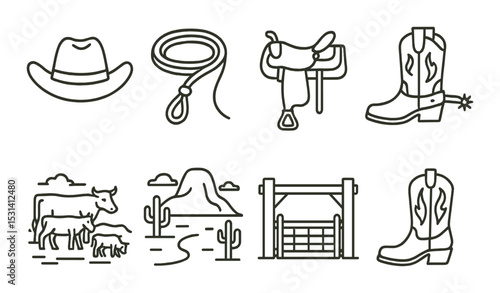 Western icon set. cowboy, hat, saddle, boots, cattle, landscape, ranch, rope linear vector icons.