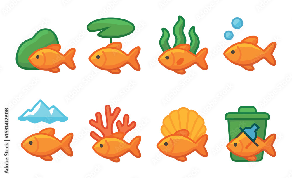 Fototapeta premium Aquarium fish set. marine life flat goldfish, coral, seaweed, shell, bubbles vector icons.