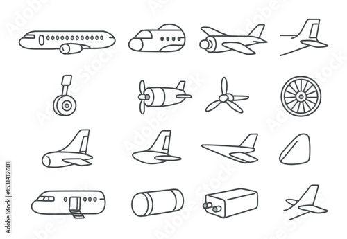 Airplane parts set. aircraft components linear designs. jet, wing, engine, tail, propeller vector icons.