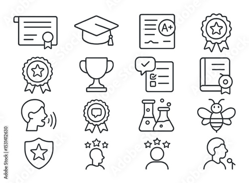 Education icon set. school and learning linear symbols: diploma, trophy, book, bee vector icons.
