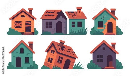 Haunted house set. spooky flat houses. house, ghost, horror, abandoned, graveyard, halloween vector icons.