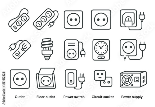 Electrical outlet set. home appliance silhouette icons. plug, switch, socket, power vector icons.
