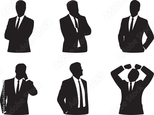 Six Businessman Silhouettes Depicting Diverse Work Attitudes and Business Situations