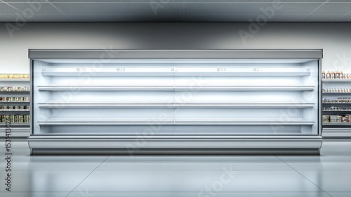 A sleek refrigerated display case with empty shelves stands in a grocery store, highlighting minimalism and emptiness