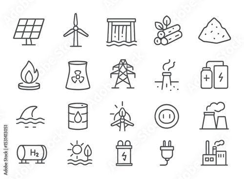 Energy source set: linear solar, wind, hydro, oil, gas, nuclear, power vector icons