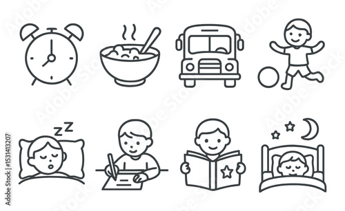 Daily routine set. linear kids activities: clock, breakfast, bus, play, sleep, study, read vector icons.