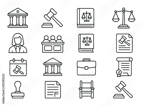 Law and justice icon set. legal, court, balance, judge, contract, gavel silhouette vector icons.