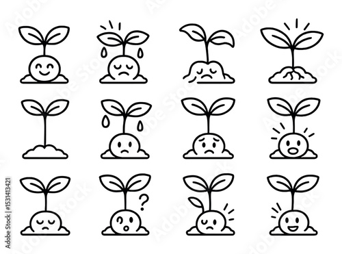Seedling expression set. plant faces linear icons: happy, sad, surprised, curious vector icons