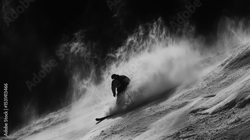 Monochrome Image of Skier in Powder Snow