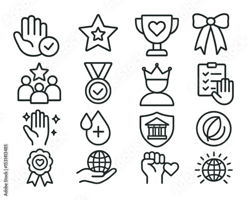 Achievement award set. success, trophy, medal, badge, linear icons vector
