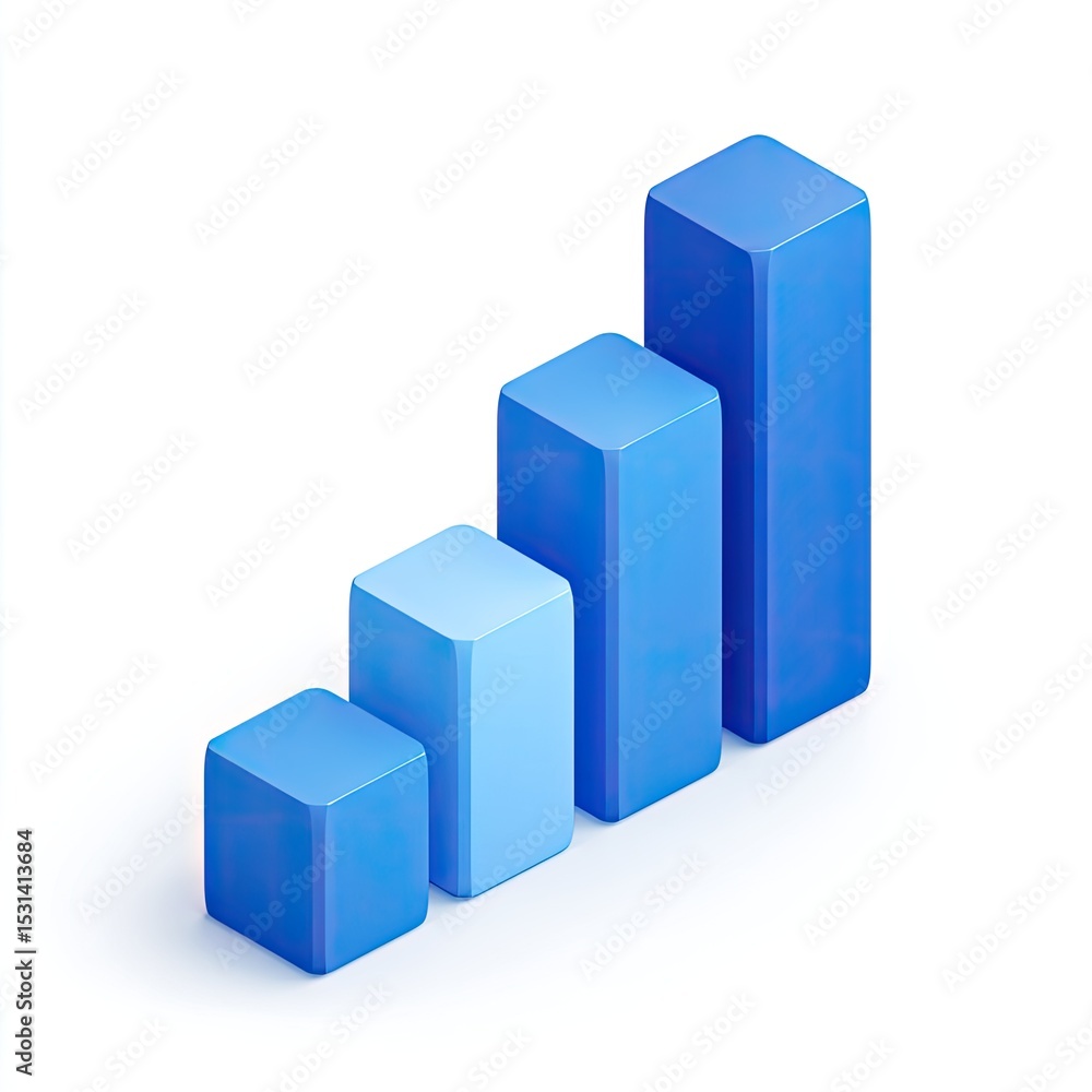 3D bar graph, light blue shades, upward trend 3D bar graph, light blue shades, upward trend