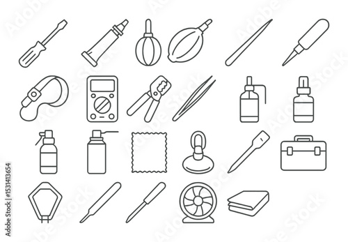 Cleaning tools set. home maintenance linear cleaning tools: brush, vacuum, spray, cloth vector icons.