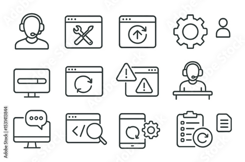 Customer support icon set. help, chat, gear, update, technical support silhouette vector icons.