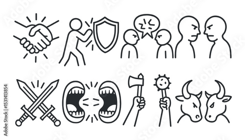 Conflict emotions set. emotions, debate, argument, weapon, bull, protection linear vector icons