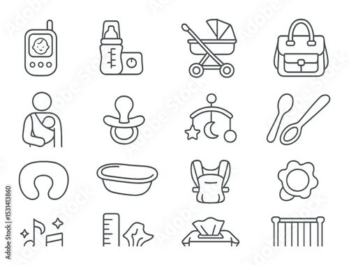 Baby essentials set. newborn care flat icons: monitor, bottle, stroller, bag, vector icons.