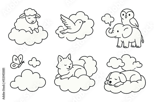 Animal cloud set. sleepy animals silhouette icons. sheep, bird, elephant, dog, vector icons.