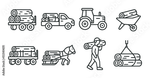 Woodwork transport set. timber hauling flat icons. truck, tractor, horse, worker vector icons.