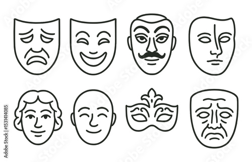 Theater masks set. drama, comedy, tragedy, mardi gras, masquerade flat vector icons.