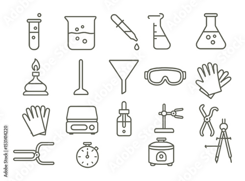 Laboratory equipment set. science flat icons: beaker, test tube, pipette, glove, burner vector icons.