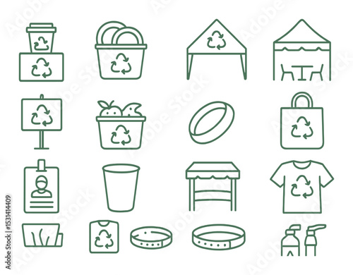 Recycling icon set. eco-friendly linear symbols: bin, bag, cup, tent, shirt vector icons.