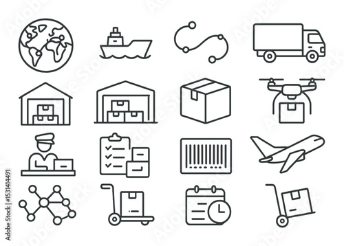 Logistics icon set. shipping, warehouse, drone, transport linear vector icons