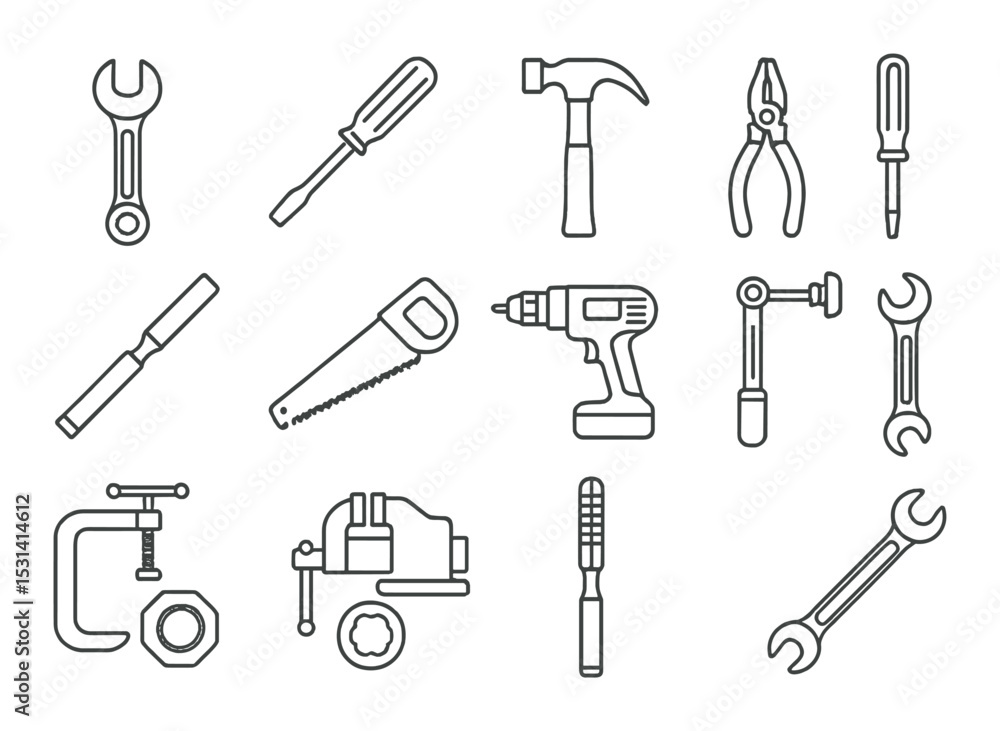 Tool set. hardware, tools, silhouette hammer, screwdriver, wrench, drill vector icons. Tool set. hardware, tools, silhouette hammer, screwdriver, wrench, drill vector icons.