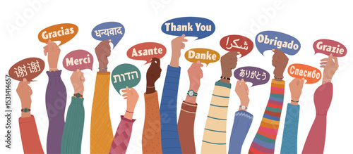Raised hands of multicultural people from different nations and continents holding speech bubbles with text THANK YOU in various international languages