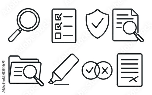 Magnifying glass set. office tools silhouette icons. folder, document, checklist, shield vector icons.