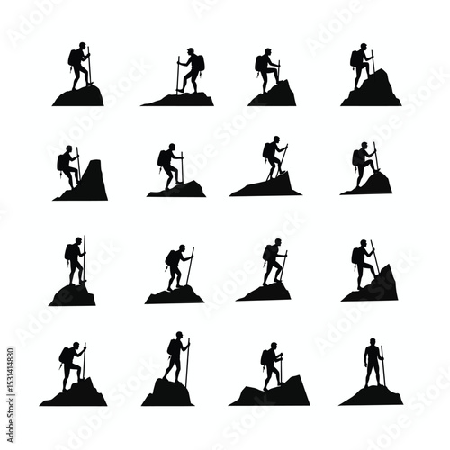 Silhouette climbers mountain hiking adventure set