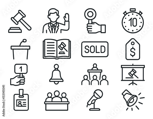 Auction icon set. bidding and sale linear gavel, podium, microphone, sold, stopwatch vector icons.