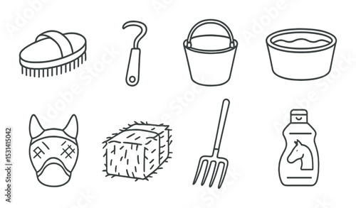 Equestrian grooming set. horse care silhouette brushes, bucket, hoof pick, shampoo vector icons.