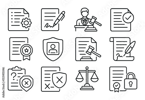 Legal document set. justice and law linear icons. contract, gavel, scale, shield vector icons.