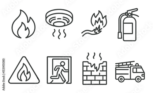 Fire safety icon set. emergency linear symbols: flame, extinguisher, alarm vector icons.