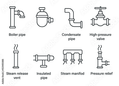 Industrial pipe set. plumbing silhouette icons: boiler, valve, manifold, insulated pipe vector icons