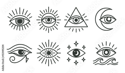 Mystical eye symbol set. spiritual, esoteric, sacred geometry, moon, sun linear vector icons.