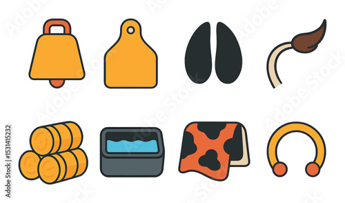 Farm tools set. agriculture flat icons: bell, tag, lungs, brush, bales, water vector icons.
