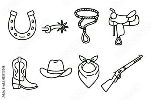 Western cowboy set. rodeo linear icons. hat, boot, lasso, saddle, bandana, rifle vector icons.